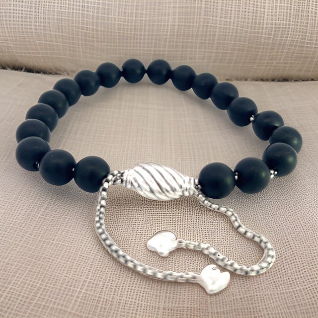 1990s David Yurman Authentic Estate Matte Onyx Beads Bracelet 6.6 - 8.5" Silver 8 Mm For Sale In New York - Image 6 of 18
