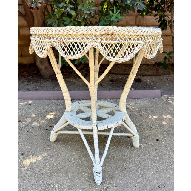 Vintage White Wicker and Rattan Side Table With Scalloped Skirt For Sale - Image 11 of 15