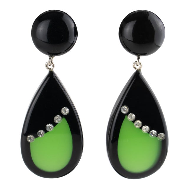 Pierre Cardin Jeweled Dangle Clip Earrings Black and Green Resin For Sale
