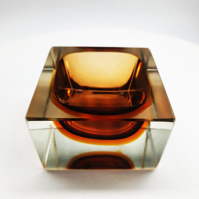 Square Ashtray or Catch-all in Murano Glass by Flavio Poli for Seguso. Stunning Brown and Golden Orange Submerged colors....