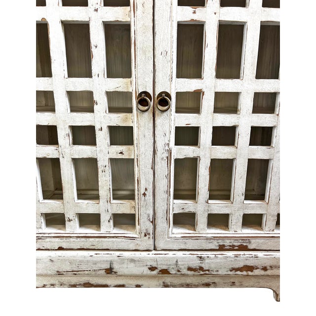Wood Vintage Worn White Lattice Door Sideboard Credenza For Sale - Image 7 of 8