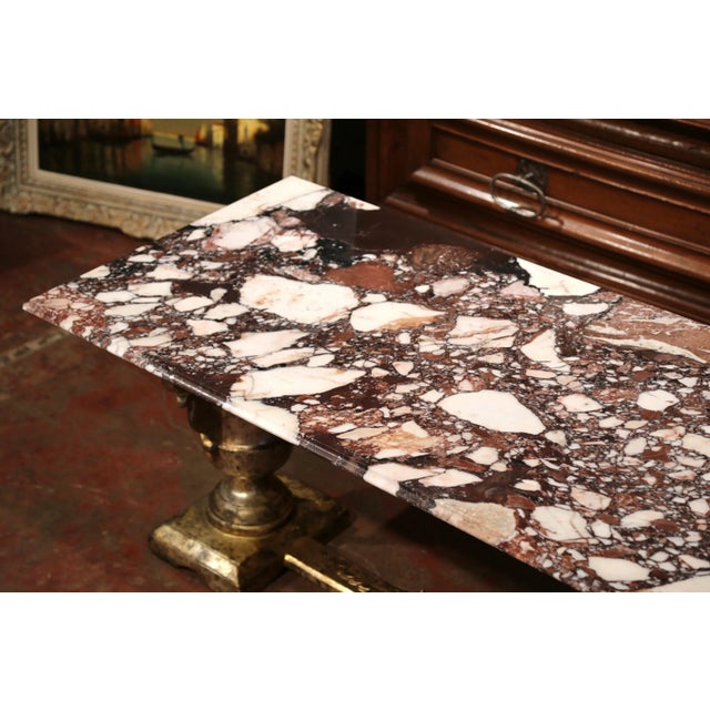 Italian 19th Century Italian Marble Top Carved Silver Leaf Trestle Coffee Table For Sale - Image 3 of 9