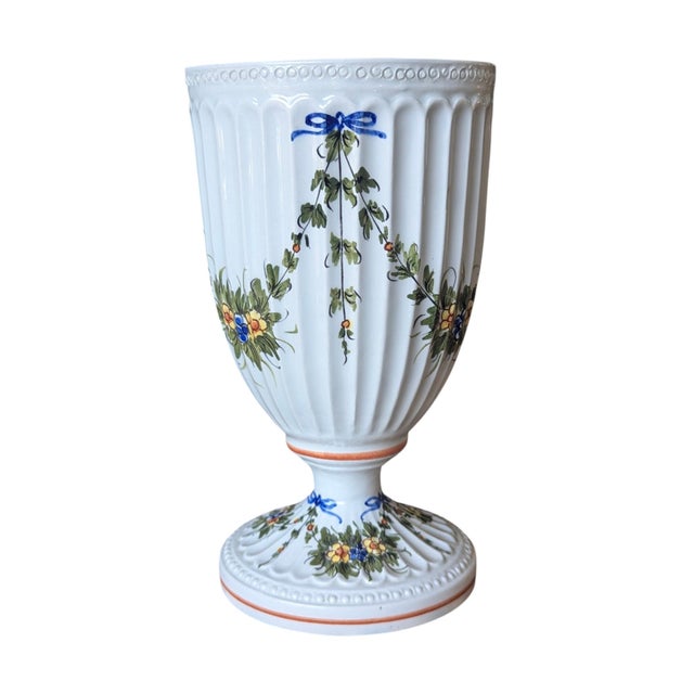 Mid 20th Century Vintage Italian Hand Painted Porcelain Footed Vase For Sale - Image 5 of 12