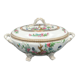 Mid 20th Century Hand Painted Indiana Tree–Style Porcelain Footed Tureen • Floral & Gilt Accents • Ornate Handles • 16"