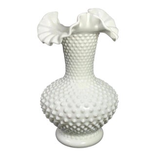 Vintage MCM Fenton White Milk Glass Hobnail Ruffled Crimped Edge Vase 11" For Sale
