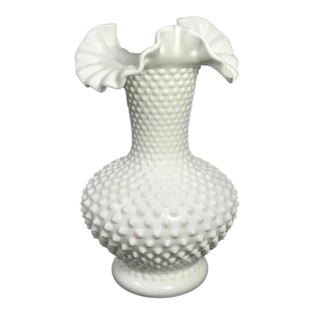 Vintage MCM Fenton White Milk Glass Hobnail Ruffled Crimped Edge Vase 11" For Sale
