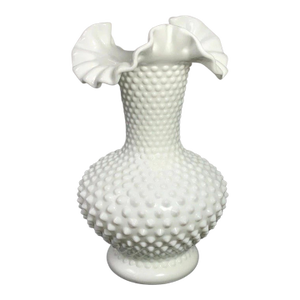 Vintage MCM Fenton White Milk Glass Hobnail Ruffled Crimped Edge Vase 11"