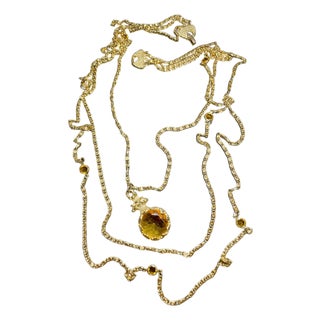 MCM Jewelry by Goldette Signature Style Victorian Revival Multi-Strand Necklace With Enormous Amber Crystal Fob Pendant For Sale