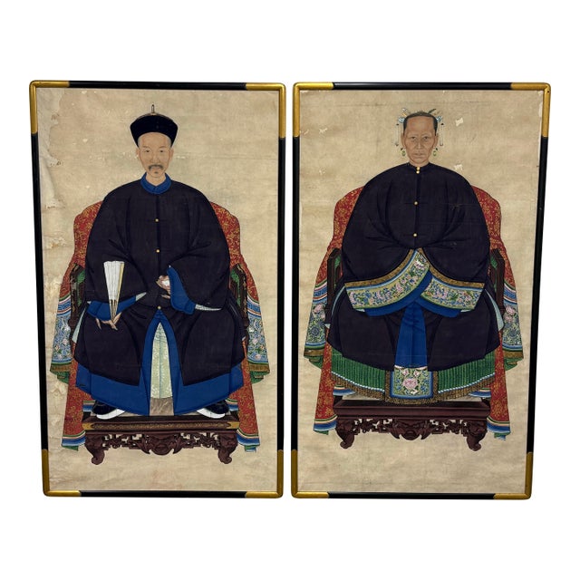 Antique Chinese Qing Dynasty Ancestor Portraits, Pair For Sale