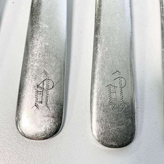 Mid 1800s Antique English Boho Chic Monogrammed Silver Plate Knives and Forks - Set of 70 For Sale - Image 14 of 17