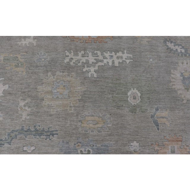 All-Over Floral Modern Oushak With Light Tan Background and Cream Border For Sale - Image 10 of 12