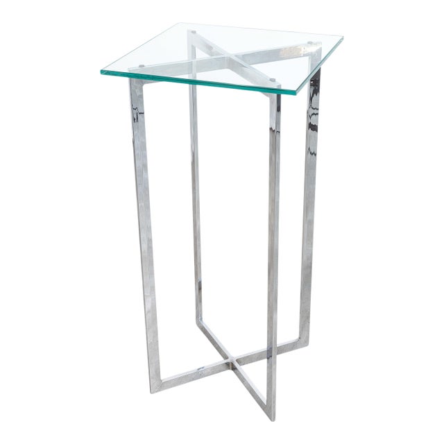 Contemporary Mies Van Der Rohe Barcelona Style Chrome and Glass Pedestal Table For Sale