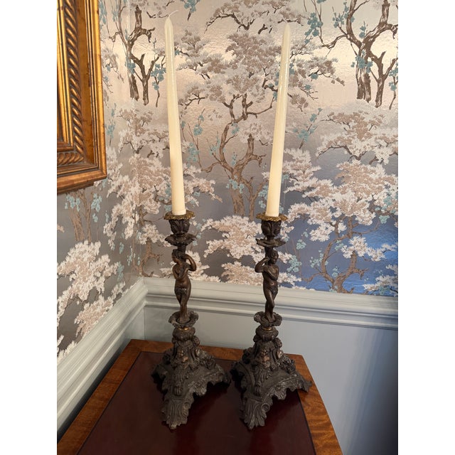 Pair of }Italian Renaissance-Revival Bronze Candlesticks For Sale - Image 15 of 15