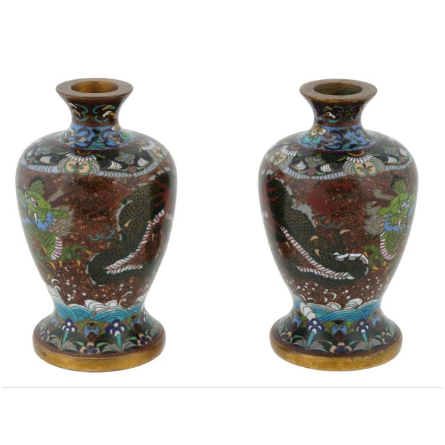 Late 19th Century Antique Pair of Meiji Japanese Cloisonne Enamel Goldstone Dragon Vases For Sale - Image 5 of 8