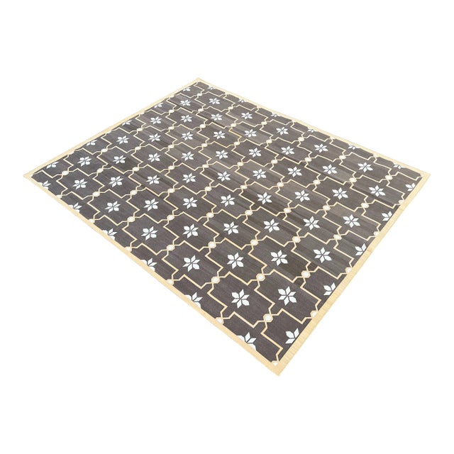 Not Yet Made - Made To Order Handmade Cotton Area Rug, Natural Vegetable Dyed, Brown and Cream Flower Pattern Dhurrie - 12'x15' For Sale