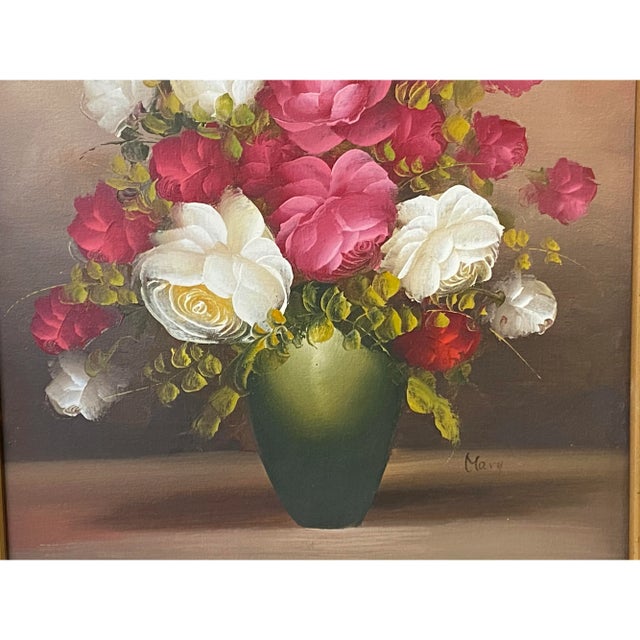 Oil Paint Canvas Art Pink White Blossom Roses Gold Color Frame Painting For Sale - Image 4 of 7