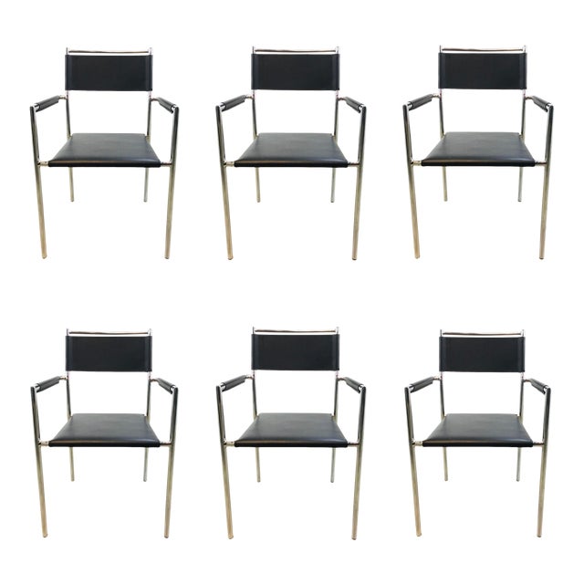 MidCentury Modern Style Black Leather and Chrome Finished Dining