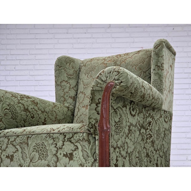 Danish Armchair in Green Velour and Carved Oak, 1950s For Sale - Image 17 of 18