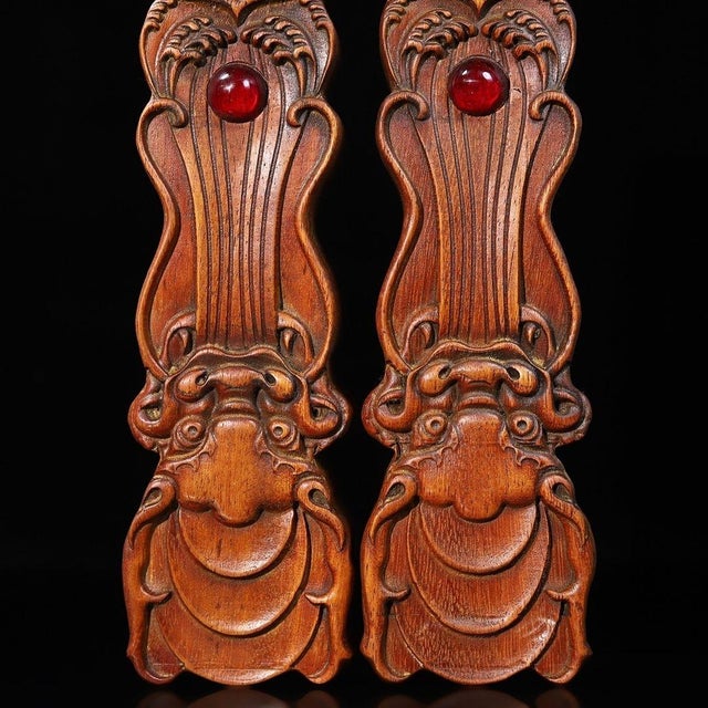 Mid 20th Century Pair of Vintage Chinese Huali Rosewood Paperweights | Carved Ruyi Beast Gemstone Inlay For Sale - Image 5 of 7