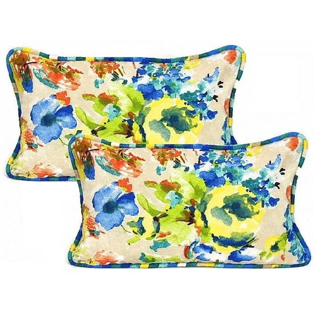 1980s Vintage Pierre Frey Style Watercolor French Floral Reversible Lumbar Pillow With Piping For Sale - Image 5 of 13