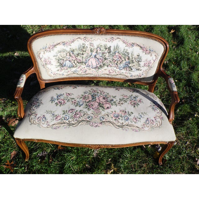 Vintage French Provincial Louis XV Style Tapestry Settee Chateau d'Ax