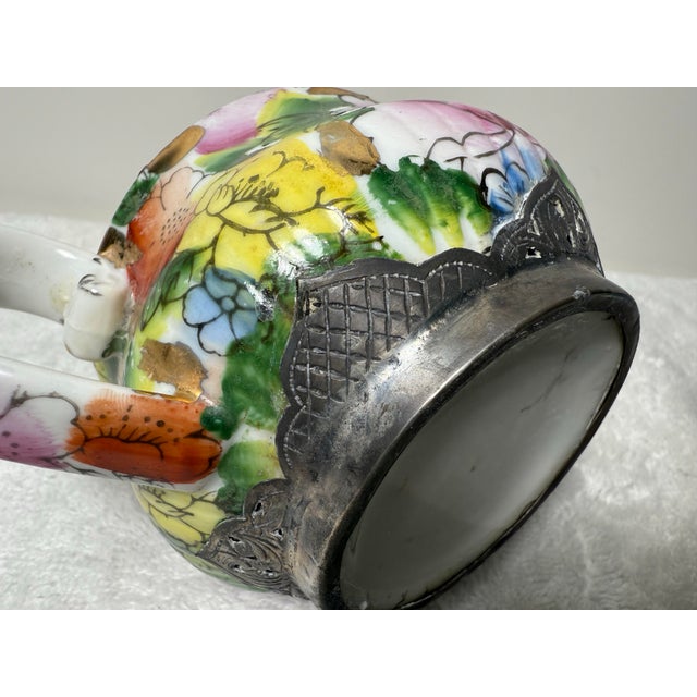 Vintage Chinese Millefleur Porcelain Teapot Hammered Metal/ Hand Painted With Chained Lid For Sale - Image 11 of 12