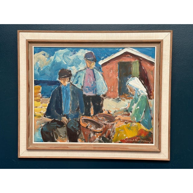 Svend Nielsen, Figures at the Fish Shed, 1950s, Oil on Canvas, Framed For Sale - Image 11 of 16