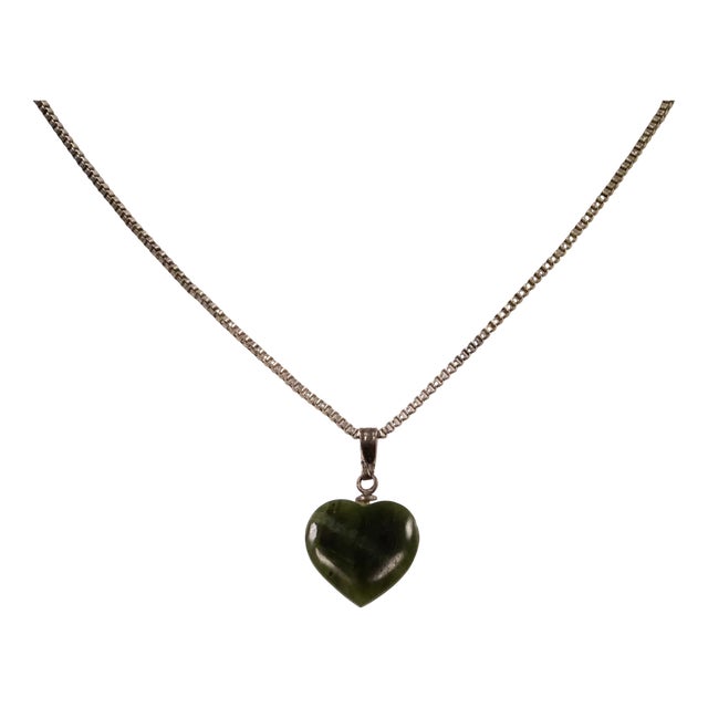 Costume Necklace with a Green Nephrite Jade Heart, 1960s For Sale