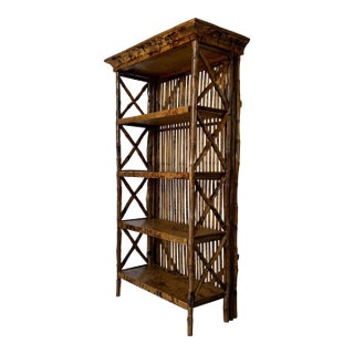 Vintage Rustic Palm Beach - Style Tortoiseshell Bamboo Bookcase For Sale