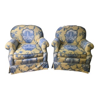 Late 20th Century Yellow and Blue and White Toile Swivel Club Chairs - a Pair For Sale