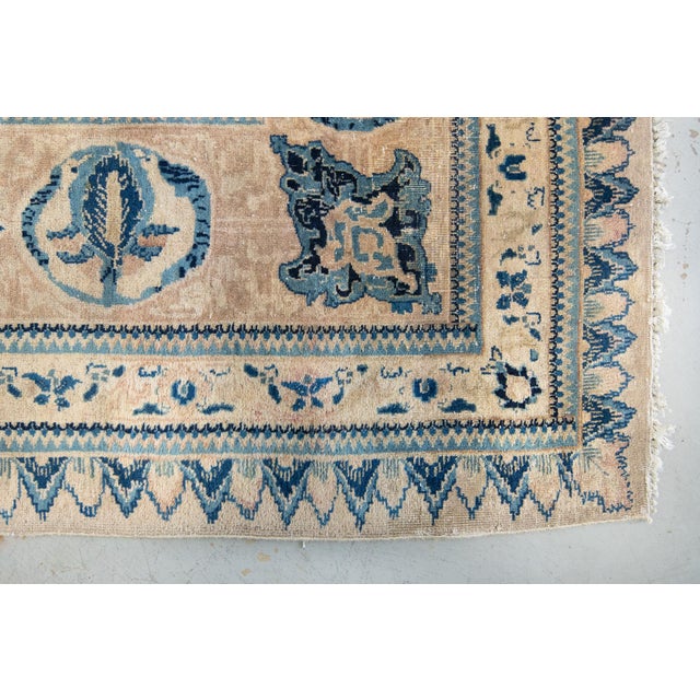 Beige 1900s Antique Navy Tan Distressed Indo Kashan Botanical Animal Allover Design Hand-Knotted Wool Low Pile Rug - 9’8“ X 12’ For Sale - Image 8 of 12