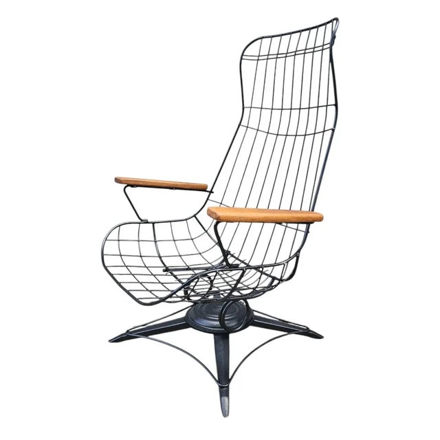 Vintage Homecrest High-Back Wire Lounge Mid-Century Modern Chair With Custom Teak Armrests – Rare Vintage For Sale - Image 9 of 12