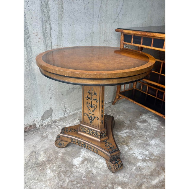 Brown 1930s French Art Deco Burl Wood Gueridon Table, Hand Painted Pedestal Base For Sale - Image 8 of 8