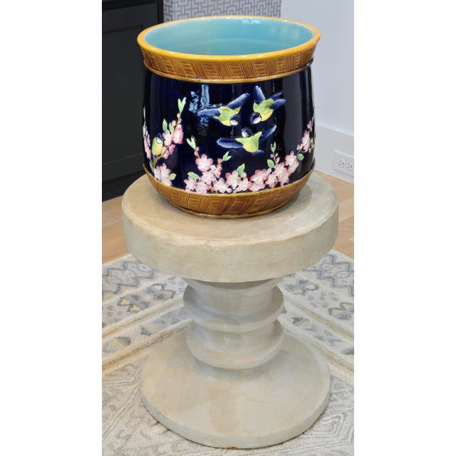 Victorian Antique English Victorian George Jones & Sons Majolica Jardinière, Blue Birds & Blooms, Circa 1875 For Sale - Image 3 of 15