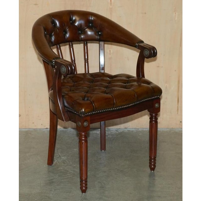 Set of Brown Leather Chesterfield Library Reading Armchairs For Sale - Image 16 of 18