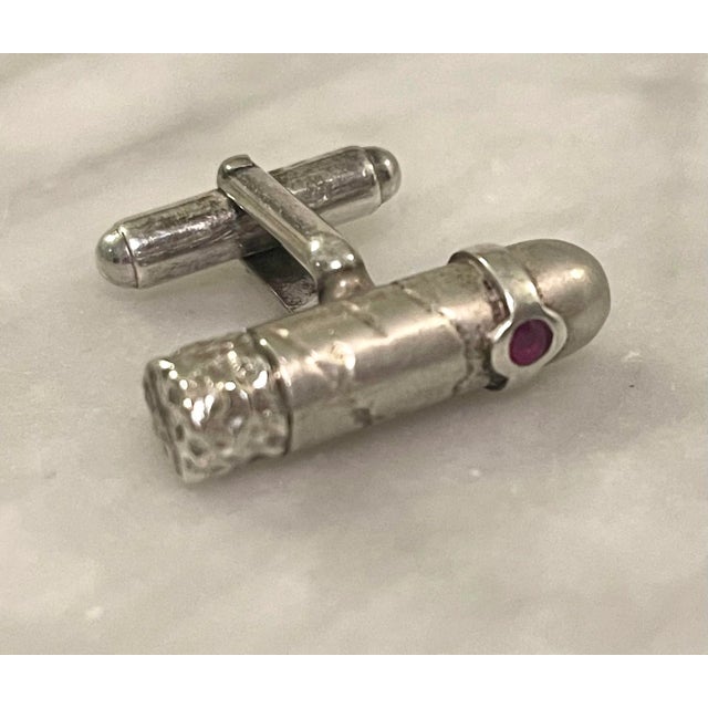 1940s Sterling Silver Bullet Cuff Links With Faceted Ruby Detail - 2 Pieces For Sale In New York - Image 6 of 9