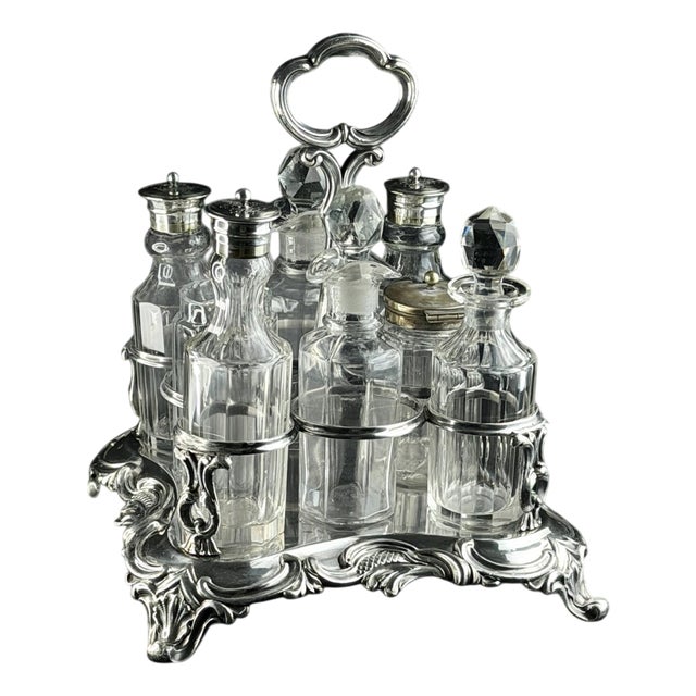 Rococo Cruet Set with Glass Bottles, 1860, Set of 8 For Sale