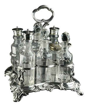 Rococo Cruet Set with Glass Bottles, 1860, Set of 8