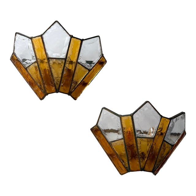 Pair of Hammered Glass Wrought Iron Sconces by Longobard, Italy, 1970s For Sale