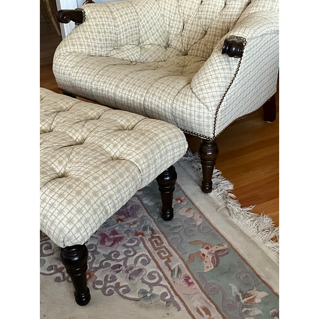 Arts & Crafts Stickley Leopold’s Tufted Chair & Ottoman Set in Cherry Wood With Antiqued Nailhead Trim For Sale - Image 3 of 10