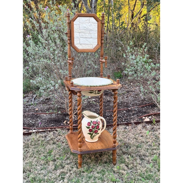 Vintage Victorian Style Oak Barley Twist Washstand With Mirror - Cow Creek Pottery Pitcher and Bowl Included For Sale - Image 4 of 9
