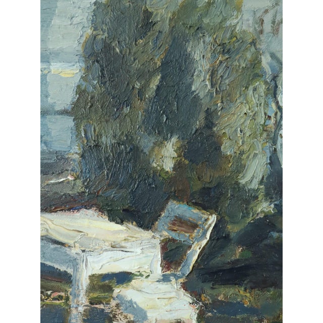 Paint 1981 Modernist 'Garden by the Water' Vintage Original Mini Landscape Oil Painting, Framed For Sale - Image 7 of 10
