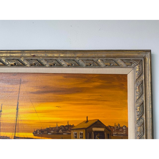 Wood 1970’s Charles Stepule Sunset Harbor Scene Oil on Canvas Painting, Wood Framed For Sale - Image 7 of 12