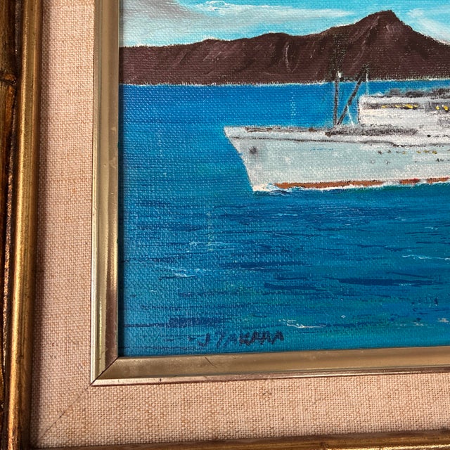 Textile Original 1970s James J. Takara Oil Painting: "Ss Lurline at Diamond Head" in Faux Bamboo Frame - Hollywood Regency Style For Sale - Image 7 of 7