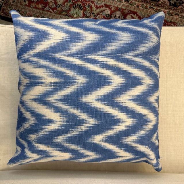 Blue Thick Woven Hand Dyed Ikat Pattern Pillow With New Feather Down Insert For Sale - Image 8 of 8