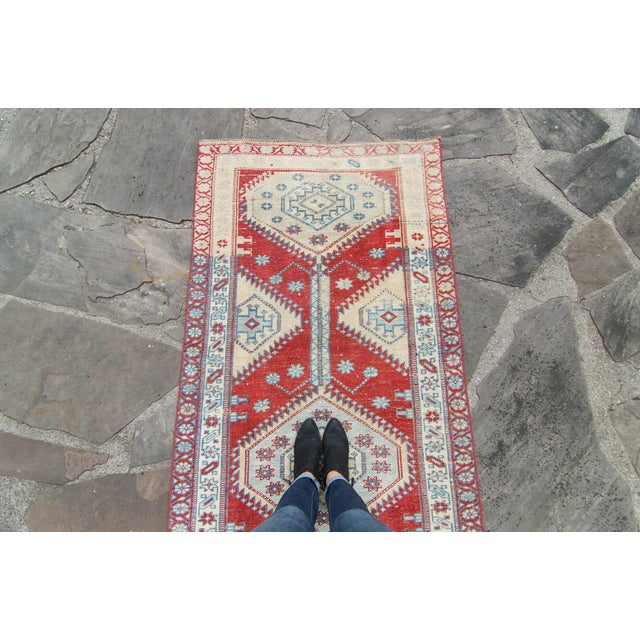 Vintage Medallion Brick Red Blue Cream Hand-Knotted Long Runner - 3’6” X 14’8” For Sale - Image 4 of 10