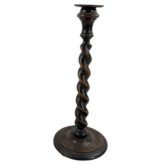 Pair of Antique English Oak Barley Twist Candlesticks with Brass Inserts, 12.5" Add a touch of timeless British character...
