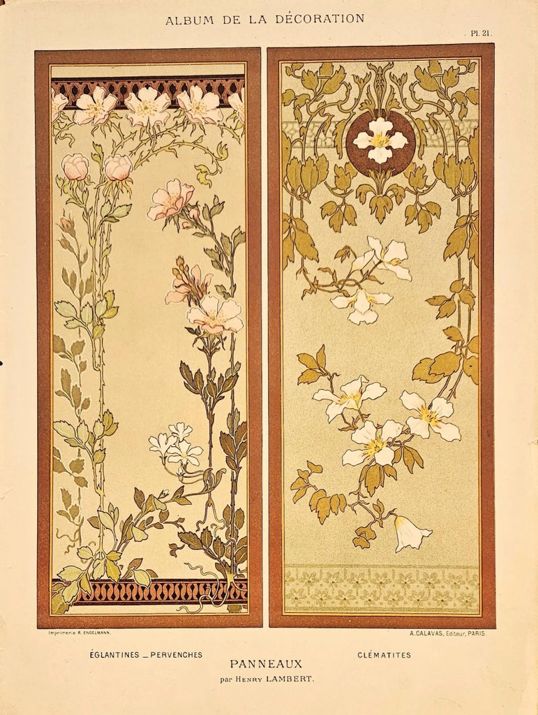 C1900 Antique French Art Nouveau Floral Botanical Lithograph by