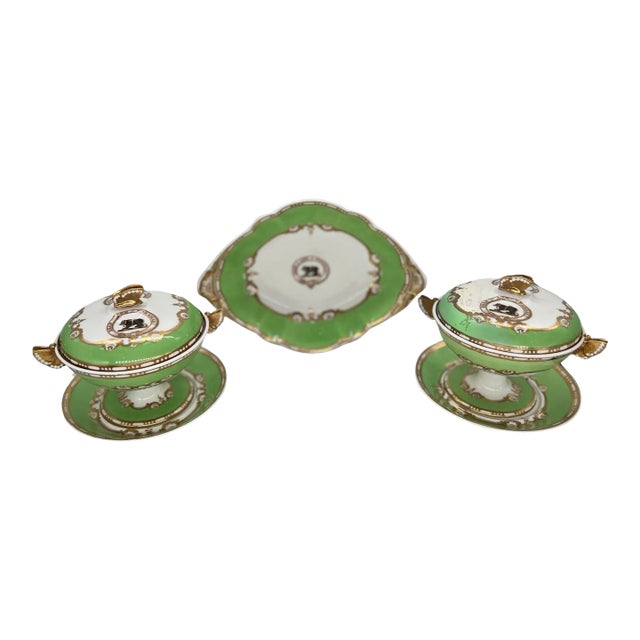 Set Spode Felspar Heraldric "Bear & Forbear" Dessert Tray & Covered Sauce Compotes C. 1840 For Sale