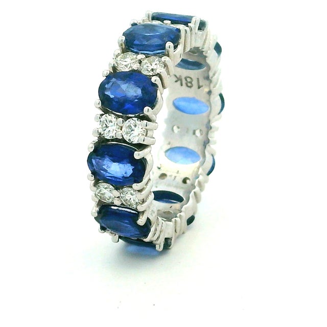 Ink Blue 18k White Gold Thai Sapphire and Diamond Eternity Band, Size 6.5 For Sale - Image 8 of 14